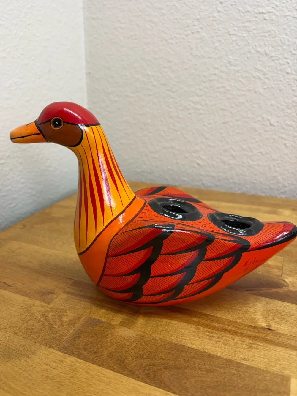 Signed M Palacios Mexico Tonala Pottery Bird Double Candle Holder Folk Art